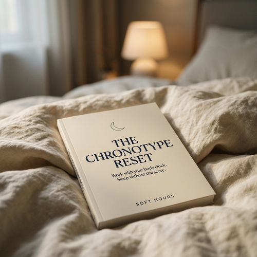 The Chronotype Reset by Soft Hours — a cream paperback sleep guide on a linen duvet at dusk, warm lamp glow. A 4-week sleep system personalized to your body clock.