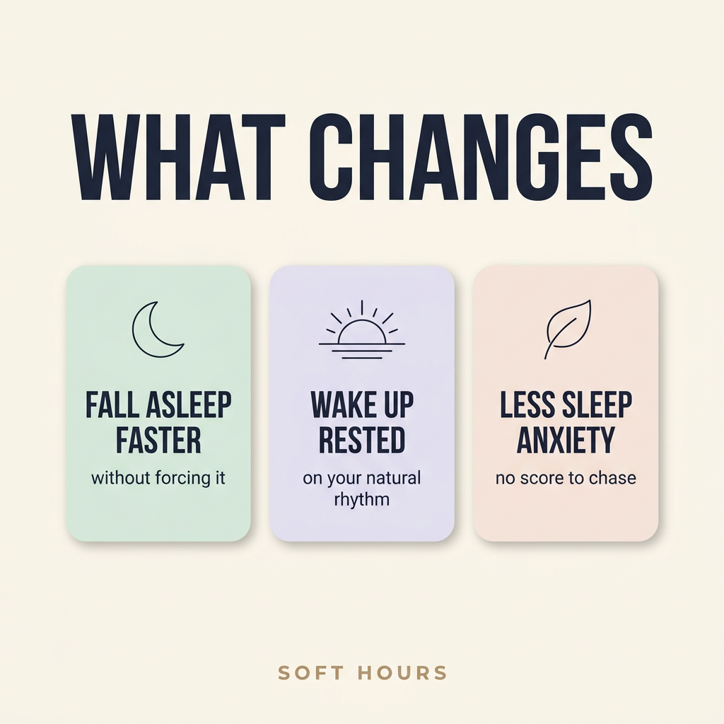 What changes with The Chronotype Reset: fall asleep faster without forcing it, wake up rested on your natural rhythm, less sleep anxiety with no score to chase.